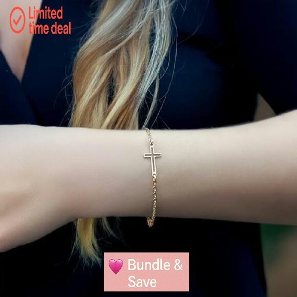 14K Gold Plated Sideways Cross Bracelet Adjustable Rolo Chain - Picture 6 of 7